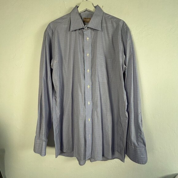 Gitman Bros Mens 17 35 Blue Plaid Long Sleeve Button-Up Dress Shirt 100% Cotton - Picture 1 of 7